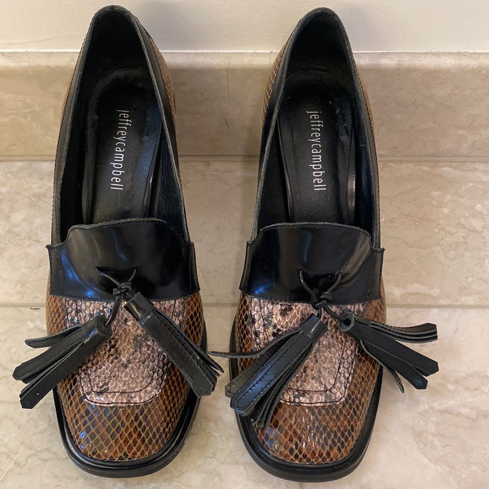 Jeffrey Campbell heeled animal print loafer with tassel details